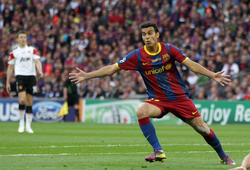 Pedro celebrates after scoring for Barcelona against Manchester United at Wembley in the 2011 Champions League final.
