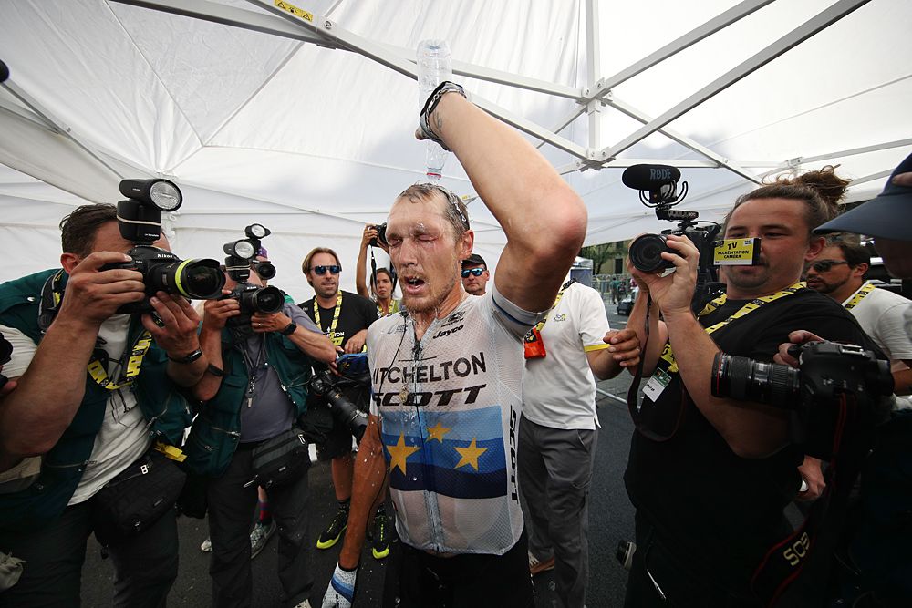 Matteo Trentin (Mitchelton-Scott) celebrates a solo victory on stage 17 at the Tour de France