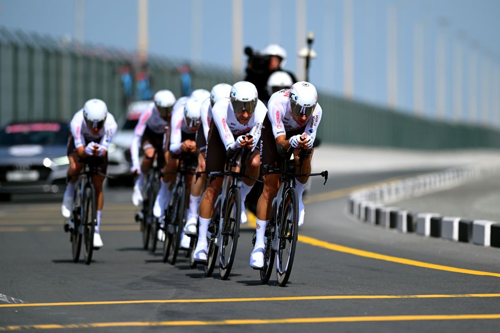 KHALIFA PORT UNITED ARAB EMIRATES FEBRUARY 21 Geoffrey Bouchard of France and Ag2R Citroen Teamcompeting during the 5th UAE Tour 2023 Stage 2 a 173km team time trial in Khalifa Port UAETour on February 21 2023 in Khalifa Port United Arab Emirates Photo by Dario BelingheriGetty Images