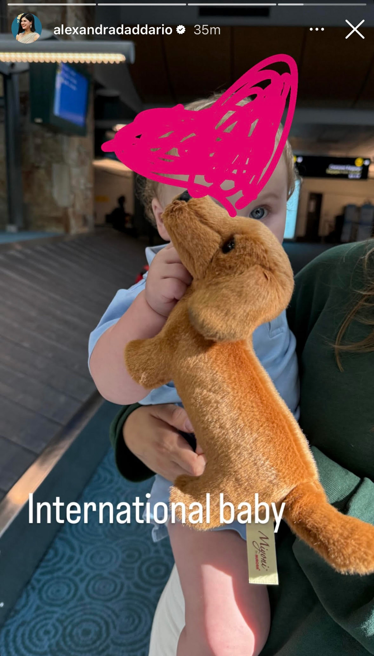 Screenshot of Alexandra Daddario and her kid with a stuffie from her Instagram stories.
