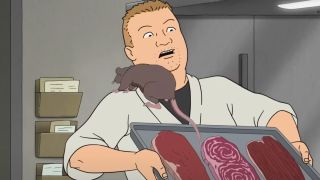 Bobby Hill showcasing meat just before a rat jumps on his shoulder.