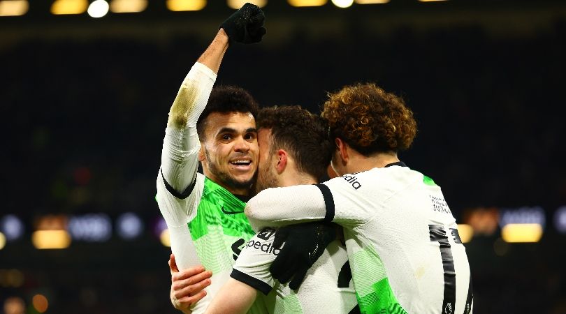 Luis Diaz, Diogo Jota and Curtis Jones celebrate a goal for Liverpool against Burnley in December 2023.