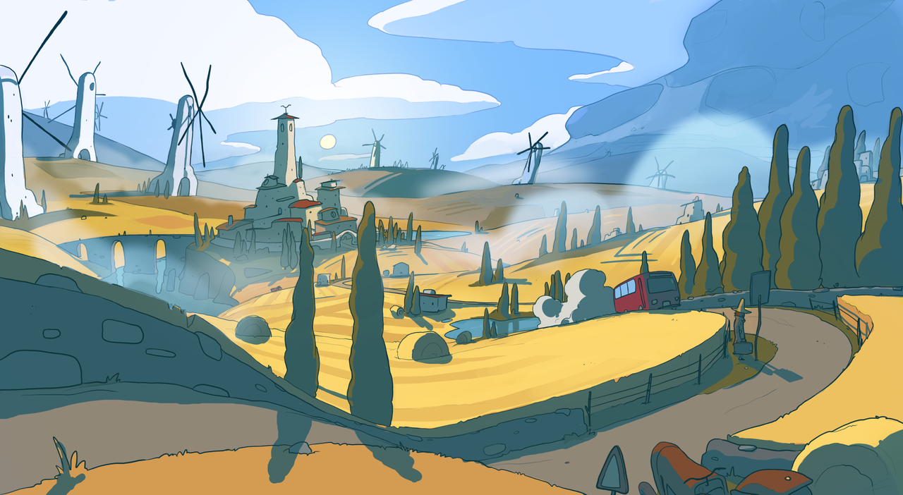 Wheel World indie game developer interview; a digital illustration depicts a whimsical landscape with large rock formations and a cloudy sky.