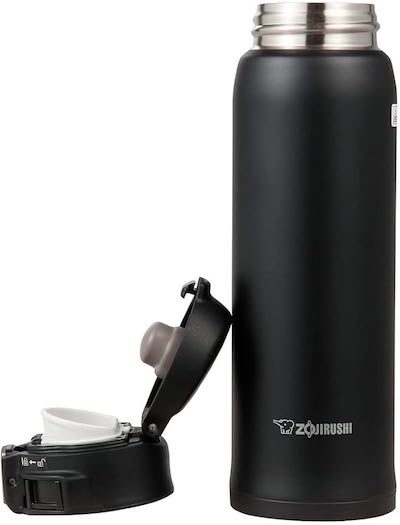 A black Zojirushi water bottle