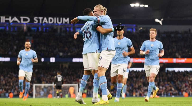 Riyad Mahrez and Erling Haaland embrace after Manchester City&#039;s third goal in the 3-1 win over Aston Villa in the Premier League in February 2023.