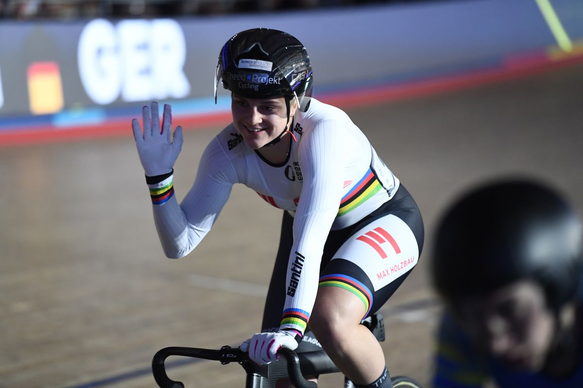 Lea Friedrich racing on round 3 of the UCI Track Champions League in London