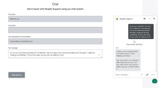 An open live chat support box in the Shopify help center