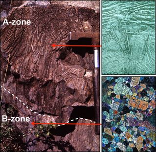 A 3.4-billion-year-old komatiite flow from the Barberton greenstone belt in South Africa, where these ultra-high temperature lavas were first recognised. The A-zone (upper) is dominated by fine crystals of olivine called ‘spinifex texture’, while the B-zone (lower) consists of a solid matrix of olivine crystals, which mark the base of the komatiite lava river.