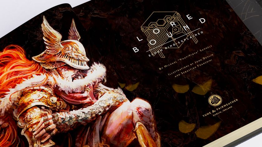 A promotional photo of Lore Bound: Elden Ring Explained by Tune and Fairweather. Original art of a red-haired valkyrie woman holding her metallic arm is on the left page of the open book. One the right is the title.