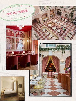 A collage of four images depicting the interior of Hotel Bella Grande in Copenhagen.