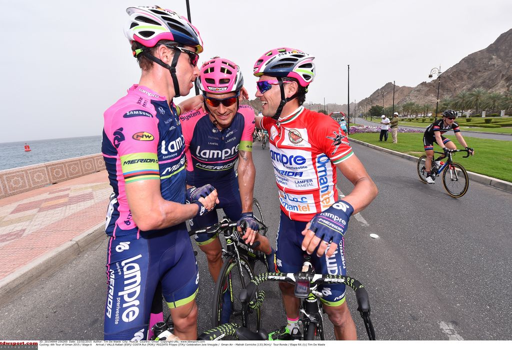 Rafael Valls Ferri is mobbed by Lampre-Merida teammates Rui Costa and Pippo Pozzato