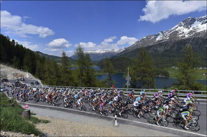 The Tour de Suisse peloton in action during stage 8 from Zernez to Bad Ragaz