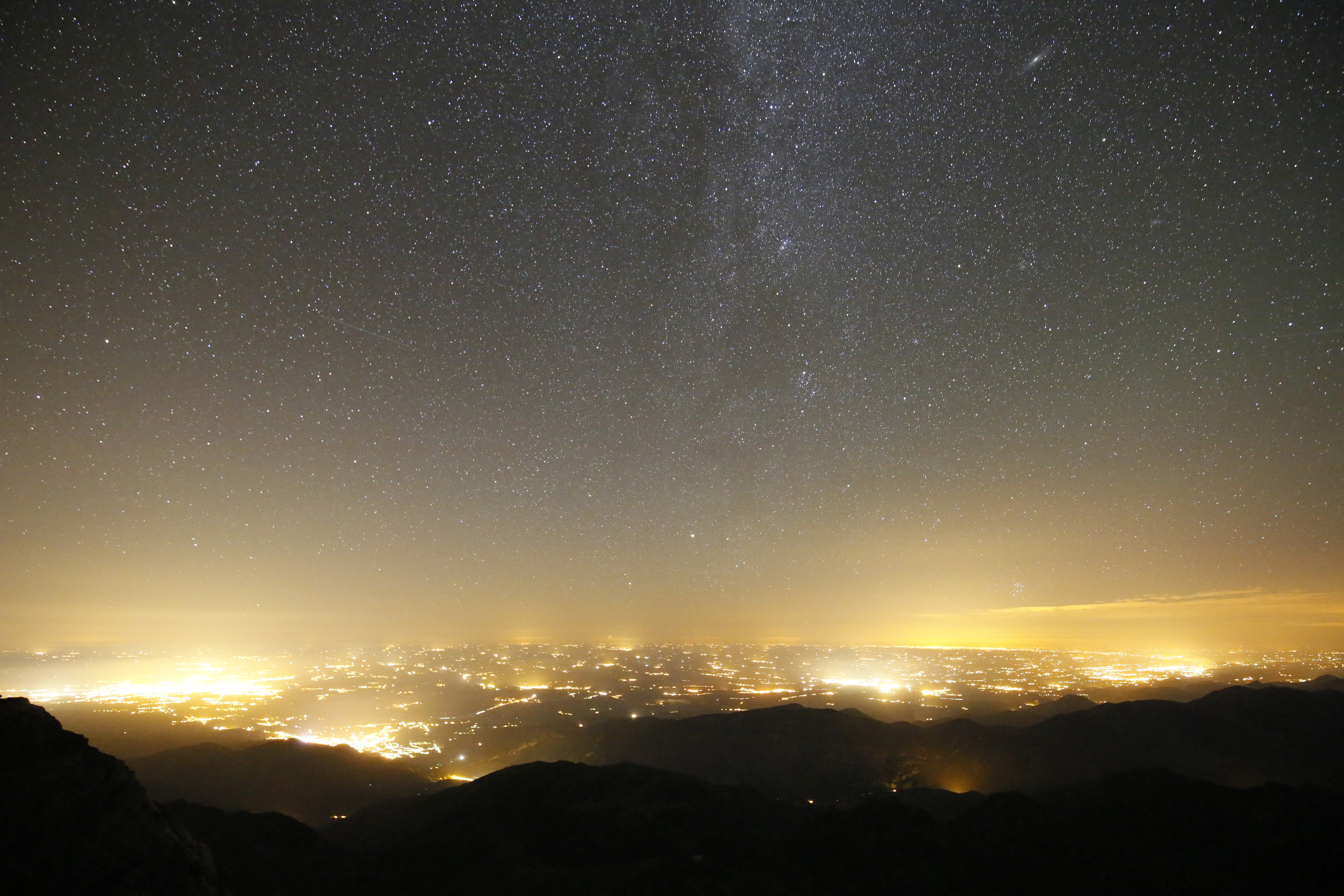 La France. Hautes Pyr&amp;eacute;n&amp;eacute;es. Pic du Midi de Bigorre Observatory. The light pollution above the cities of Toulouse and Tarbes.