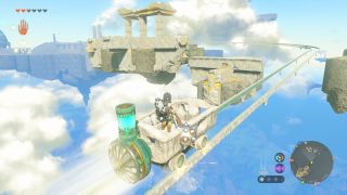 Link travels on a train-like contraption in The Legend of Zelda: Tears of the Kingdom