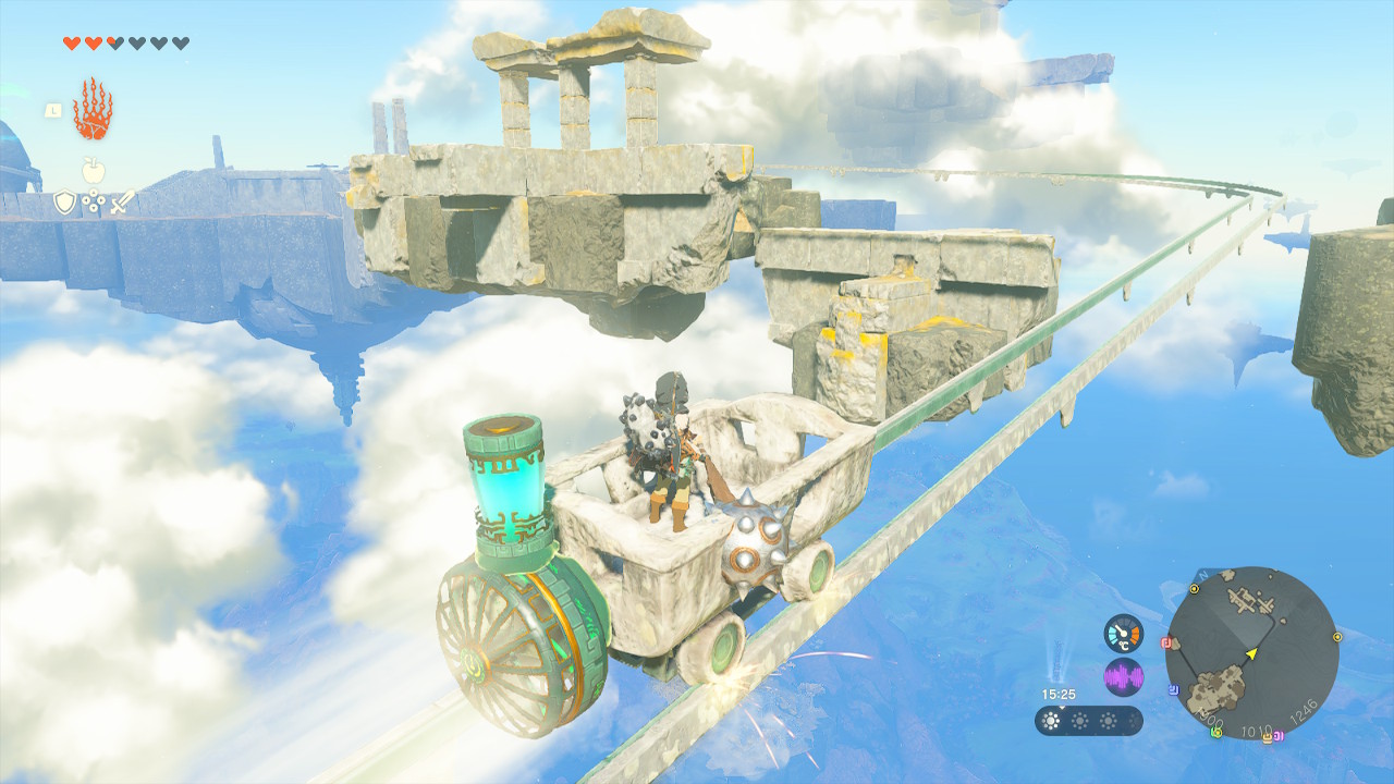 Link viaja em uma engenhoca parecida com um trem em The Legend of Zelda: Tears of the Kingdom
