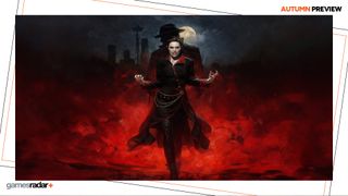 Vampire: The Masquerade - Bloodlines 2 key art showing a vampire woman with her hands out stretched before a silhouette of a mysterious figure wearing a hat. The backdrop is full of a bloody mist and the moon hangs in the sky