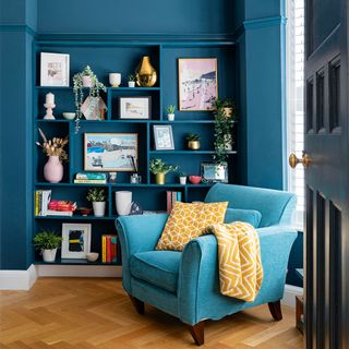 blue living room with shelving unit