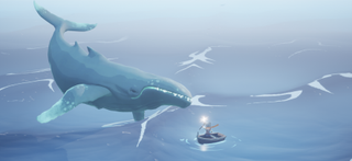 No-code game development software; a whale flies above a person in a rowboat