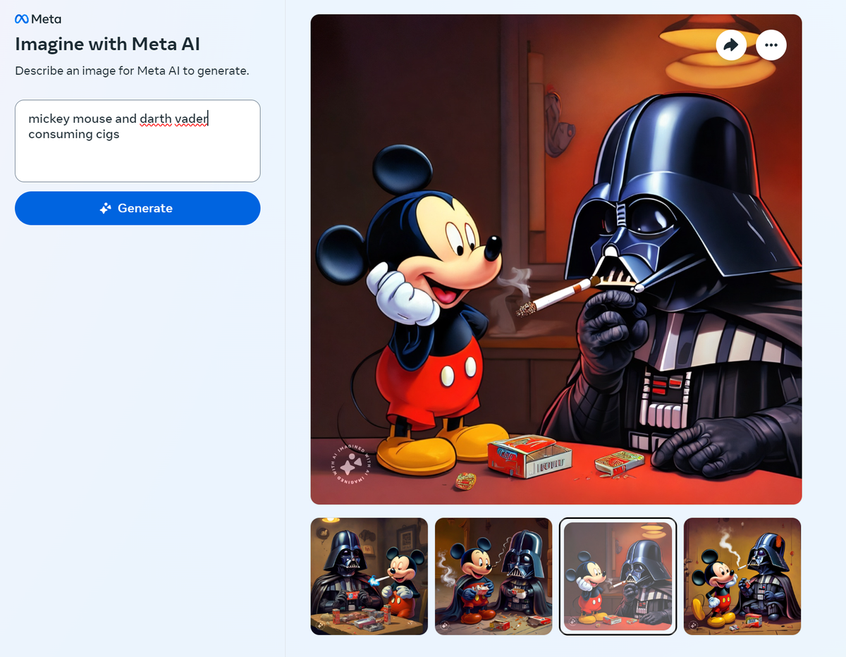 Mickey Mouse and Darth Vader Smoking, Generated by Meta AI