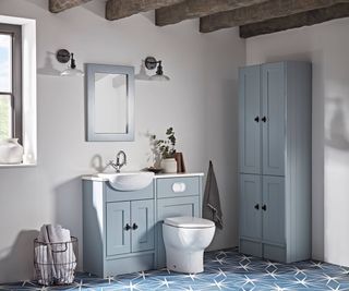 bathroom with ceiling beams, pale blue furniture, blue and white tiled floor, mirror and wall lights either side