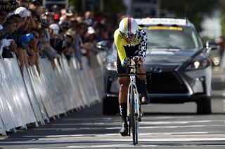 Team Sky's Egan Bernal approaches the finish line on the stage 4 TT at the 2018 Tour of California having lost his yellow leader's jersey