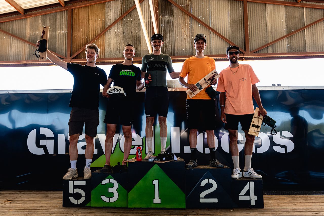 The men's podium at the 150 'La Loca' event at the 2024 Gravel Locos