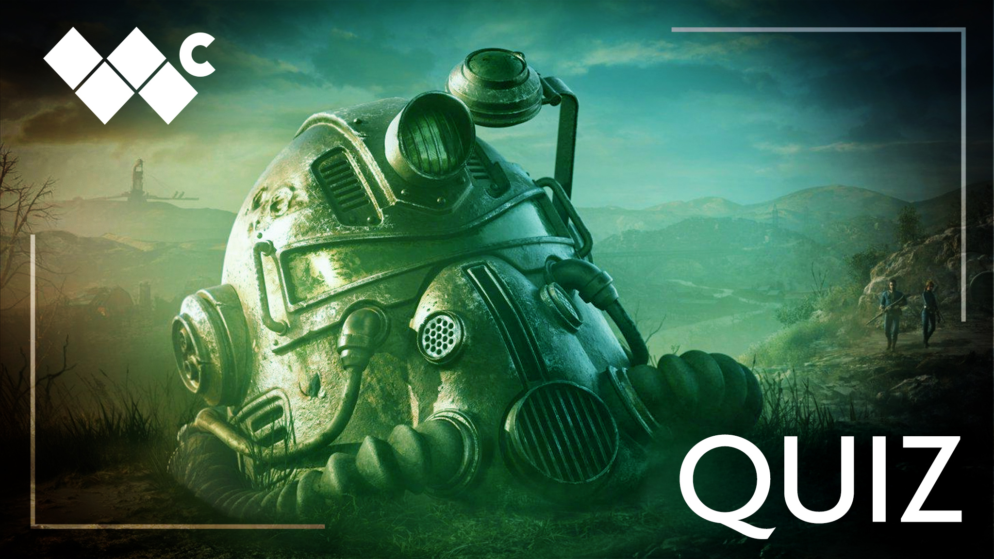 A Fallout Power Armor Helmet on the ground in a waste land. A graphic over is shows the Windows Central Logo and says the word, "Quiz."