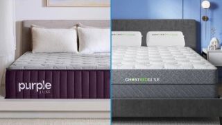 The Purple RestorePremier Hybrid vs GhostBed Luxe mattress image shows the Purple on the right and the GhostBed on the left