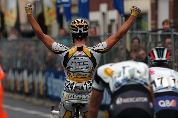 This could be George Hincapie's view of the finish of Gent-Wevelgem after his former teammate Bernhard Eisel wins.