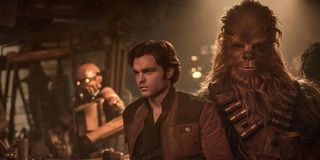 Alden Ehrenreich as Han Solo with Chewbacca in Solo: A Star Wars Story