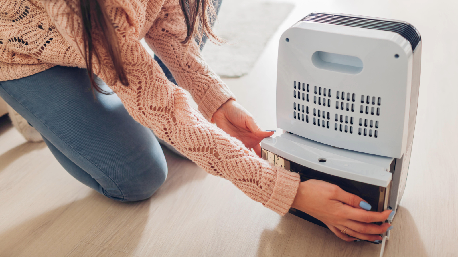 Person changing the water tank of a dehumidifier