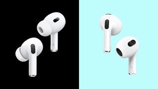 Apple AirPods Pro 2 vs. AirPods 3: AirPods Pro 2 til højre på sort baggrund og AirPods 3 til højre på blå baggrund