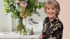 Compilation image of vases with flowers and a headshot of Nancy Birtwhistle to support her vase cleaning trick