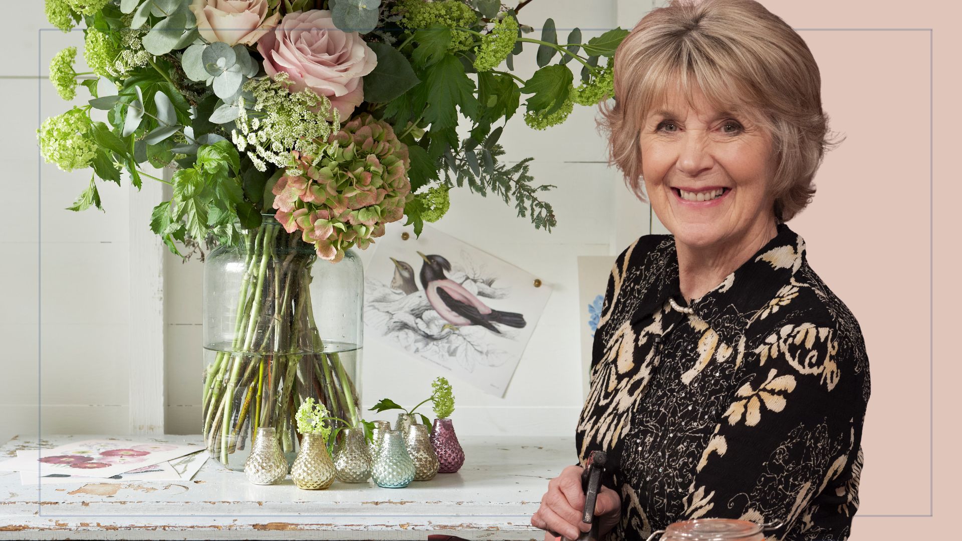 Compilation image of vases with flowers and a headshot of Nancy Birtwhistle to support her vase cleaning trick