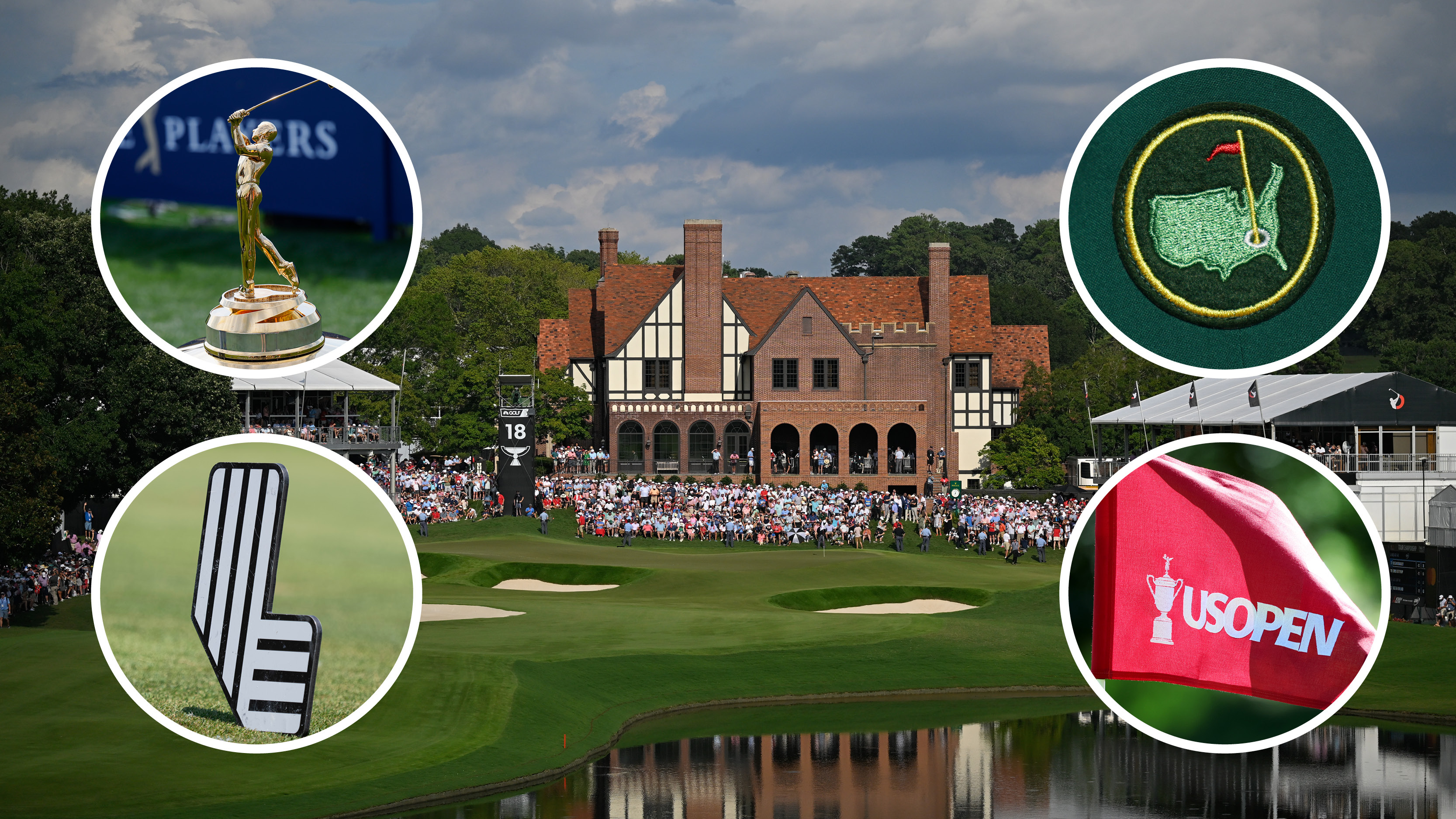 Main image of East Lake Golf Club's 18th hole with inset images of The Players Championship (top left), The Masters logo (top right), the LIV Golf League logo (bottom left) and a US Open pin flag (bottom right)