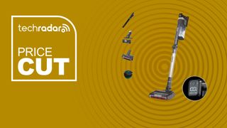 The Shark Stratos Anti Hair Wrap Plus Vacuum on a yellow background with text saying Price Cut.