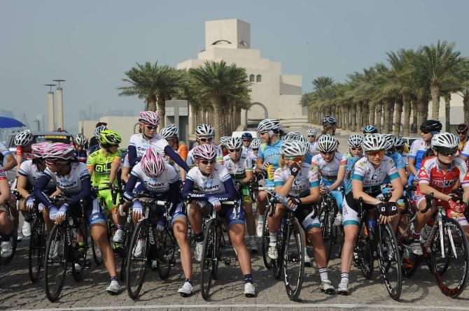 The riders await the start of stage 1 of the Ladies Tour of Qatar