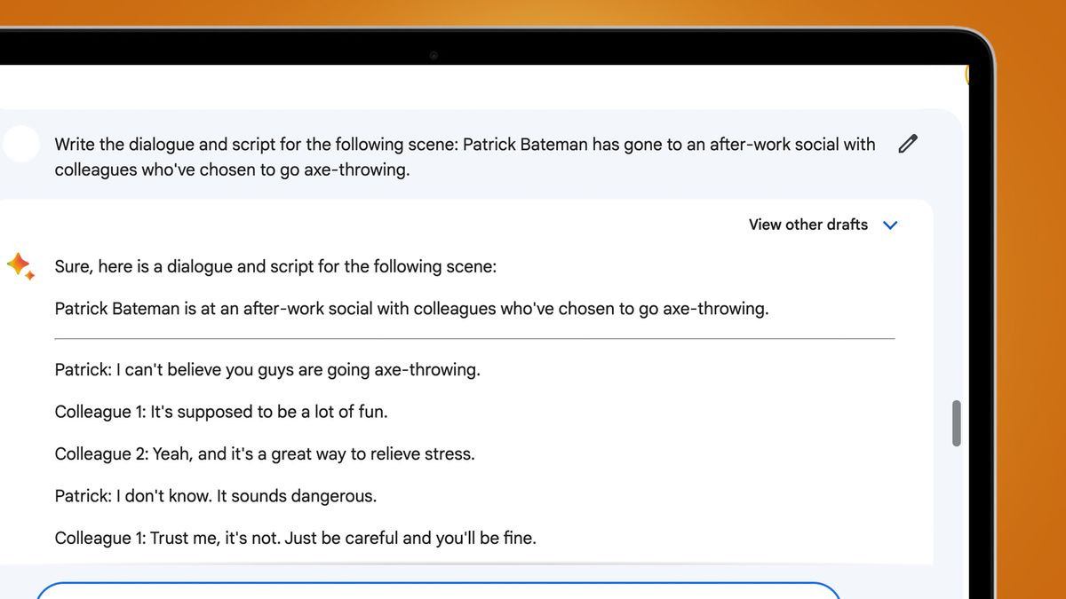 A laptop screen on an orange background showing Google Bard writing a movie script