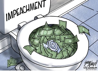 Political Cartoon U.S. Impeachment Trump Money Down Toilet
