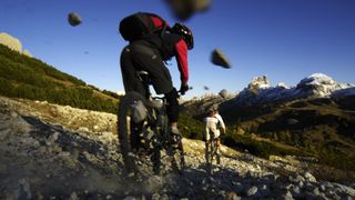 Mountain bike, Falzarego pass, Dolomites, Italy