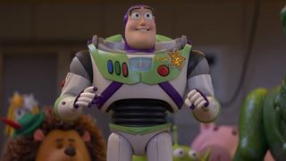 Buzz Lightyear (Tim Allen) looks above in Toy Story 5.