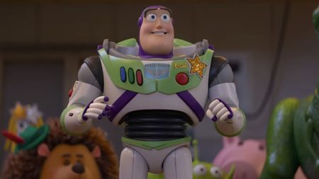 Buzz Lightyear (Tim Allen) looks above in Toy Story 5.