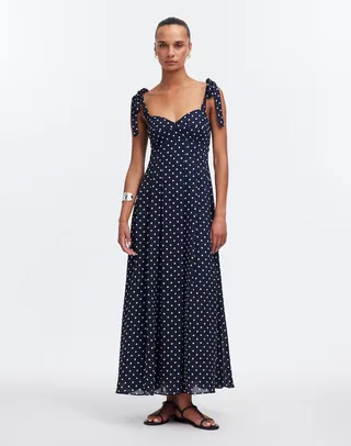 Madewell, Pleated Sweetheart Midi Dress in Polka Dot