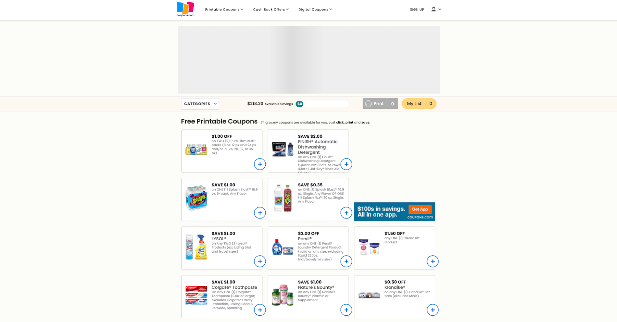 Screenshot of coupons available oncoupons.com