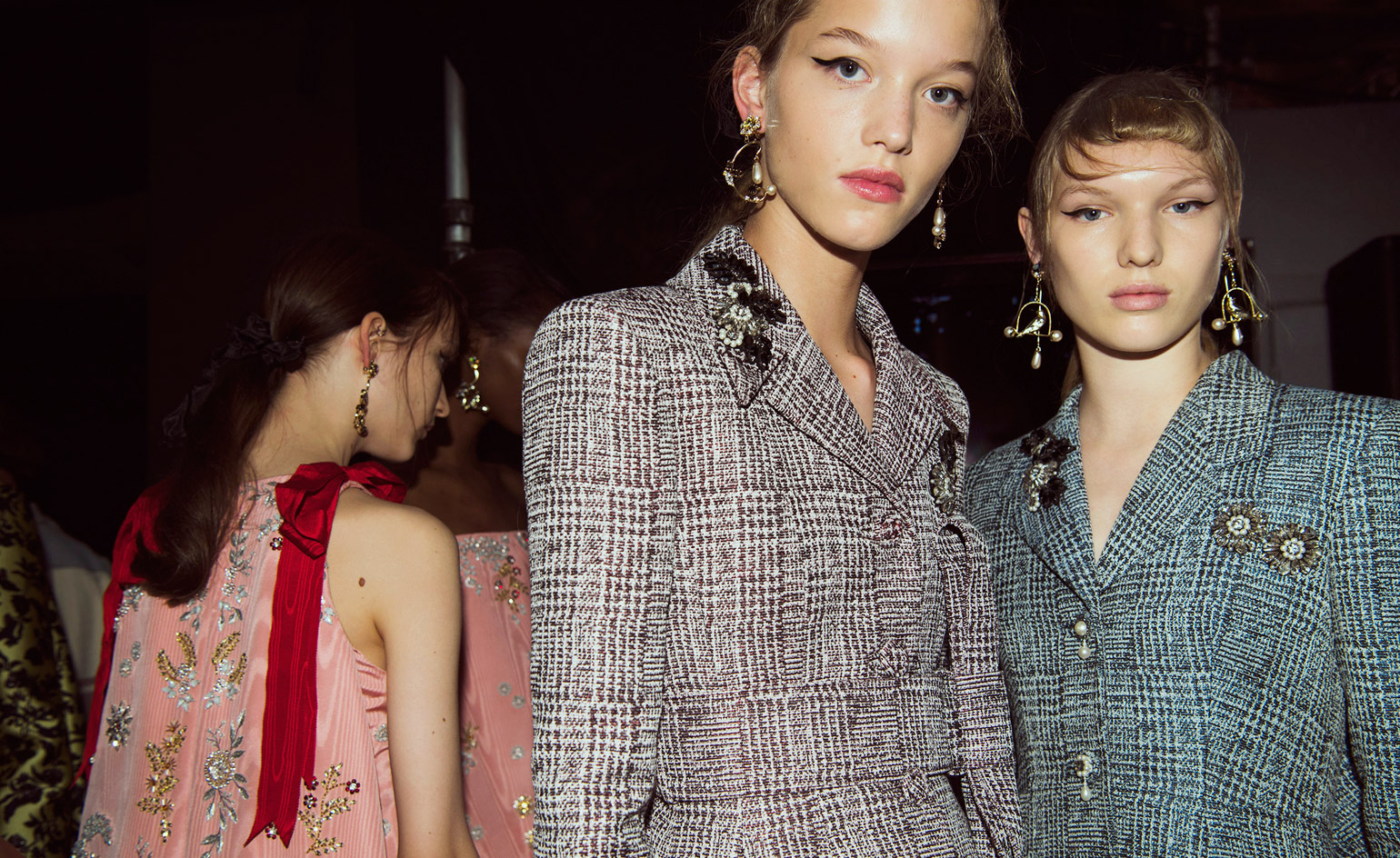 Moralioglu’s fifties-focused looks were topped off with long evening gloves, and twinkling earrings.