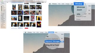 Select all photos, then select Window, then select Keyword Manager