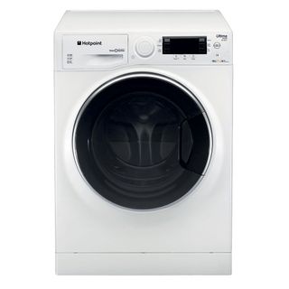 White Hotpoint washer dryer with black door and digital display