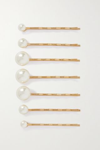 + Set aus sieben Swarovski Net Sustain Perla Pearl Haarbändern in Gold