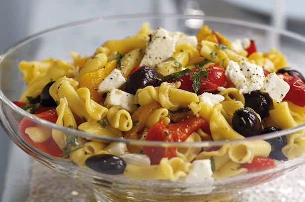 Roast pepper, olive and feta pasta salad | Greek Recipes | GoodtoKnow