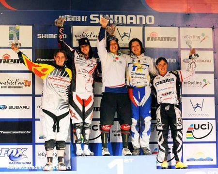 The final World Cup podium: Fionn Griffiths, Anneke Beerten, Anita Molcik, Jana Horakova, Romana Labunkova.